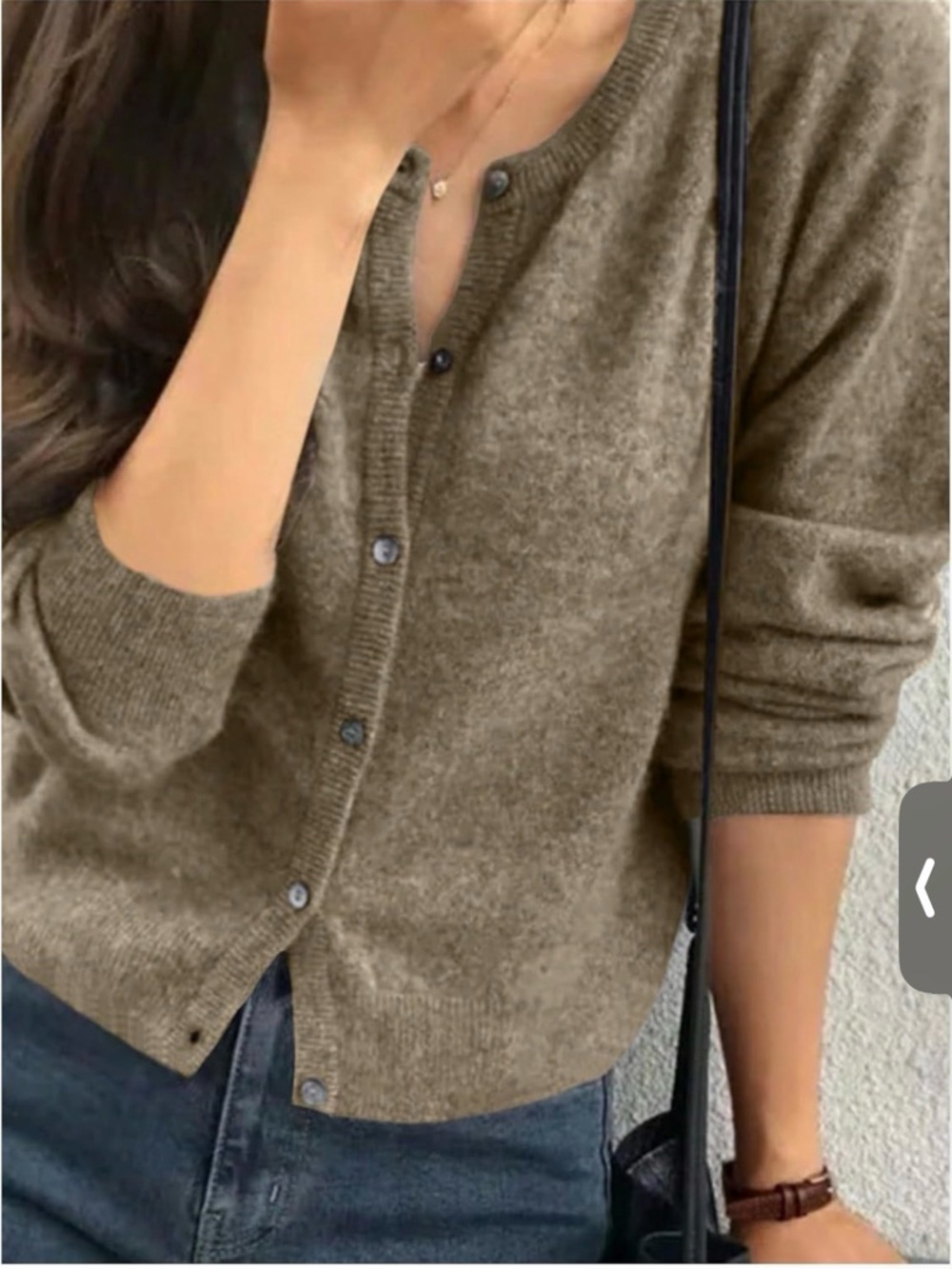 Classic Crewneck Button Cardigan - Olive Brown - Picture 3 of 6